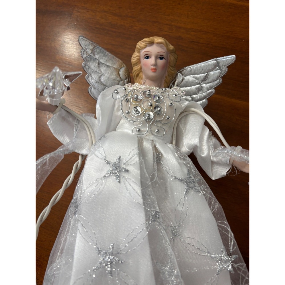 Light Up Angel Christmas Tree Topper White Gown Electric Ceramic - Picture 3 of 4